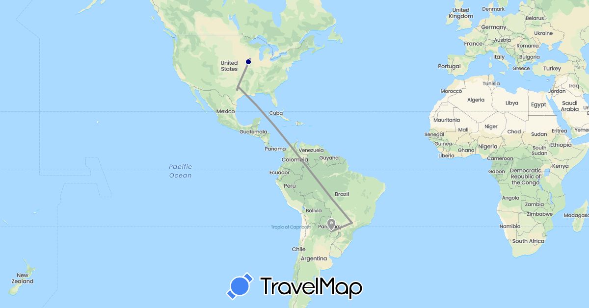 TravelMap itinerary: driving, plane in Brazil, Paraguay, United States (North America, South America)
